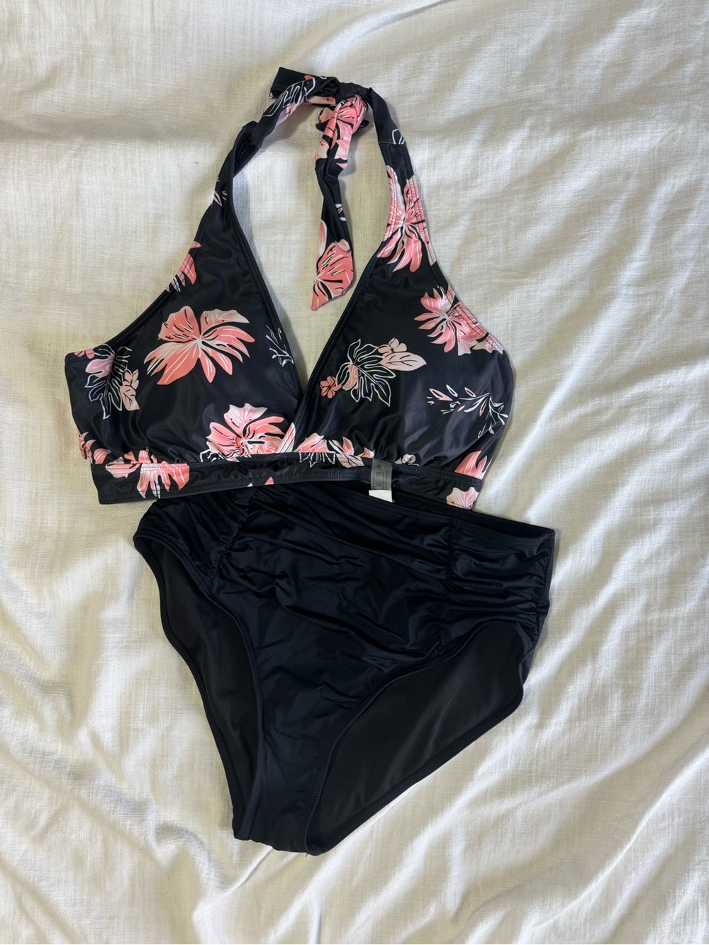 Tempt me Black Floral Halter Bikini Set with Pink Flowers